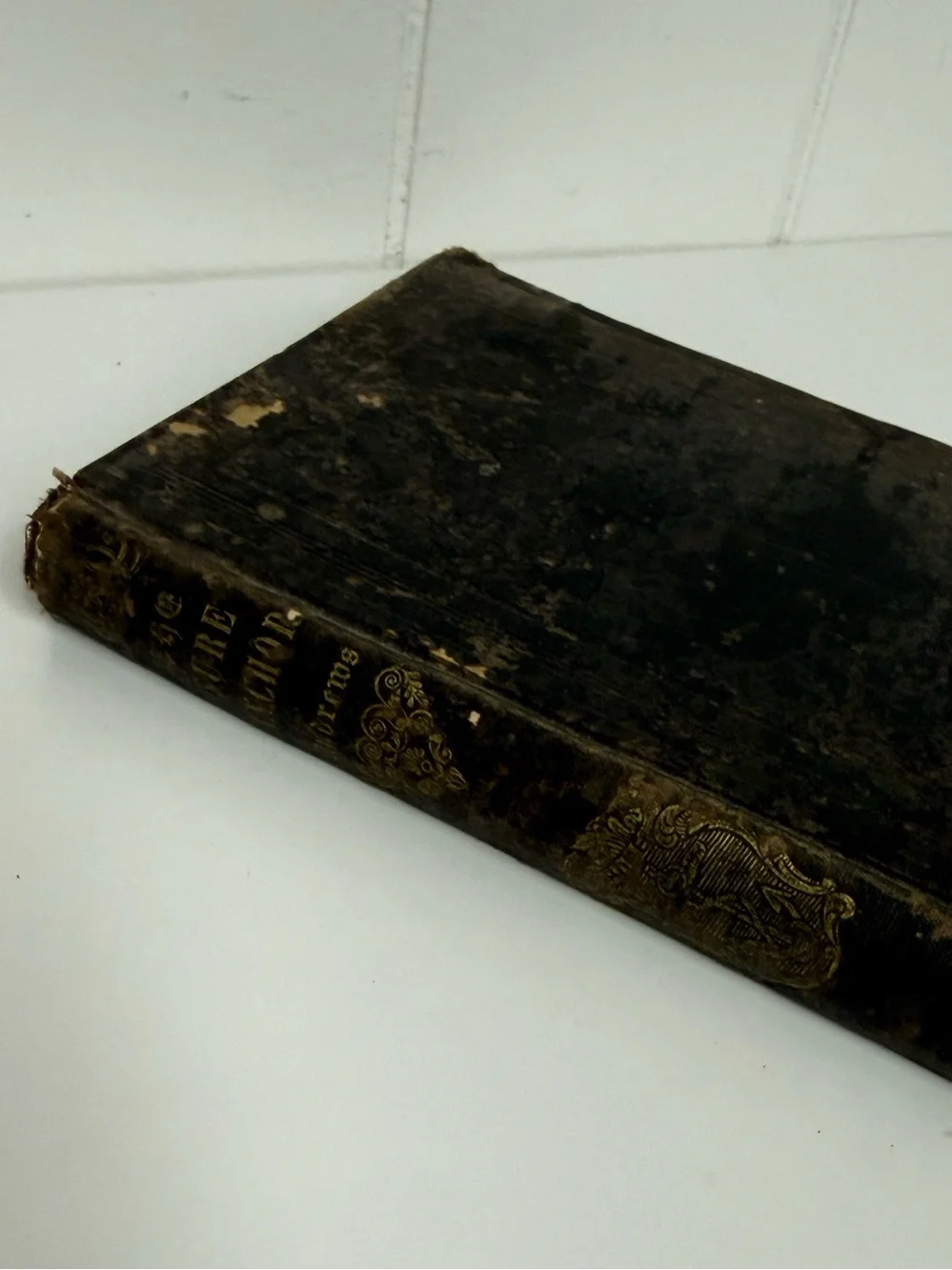 Antique 1850s Hardcover Brown Religious Text Textured Rich Rustic Home Styling